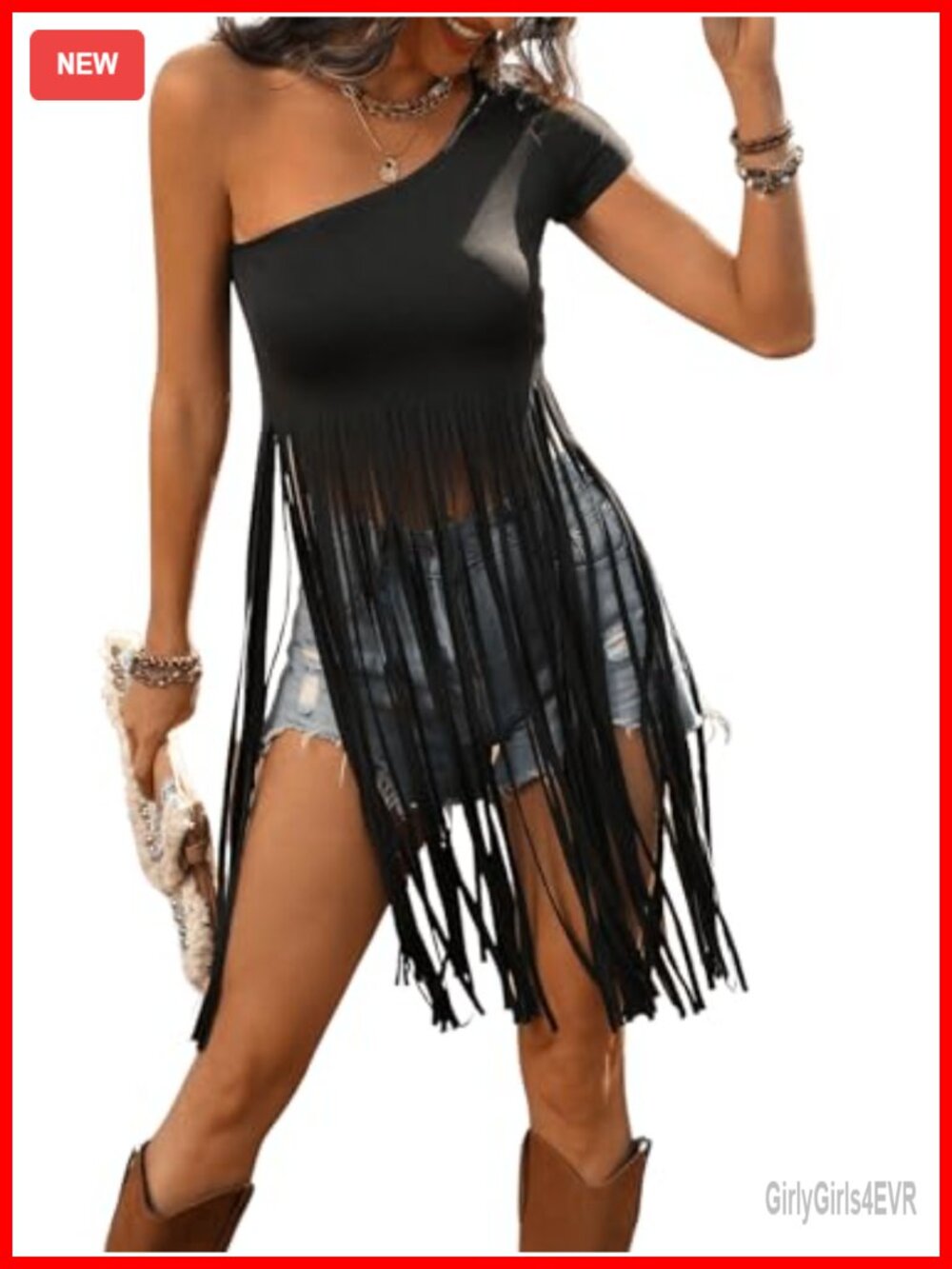 Floerns Women's One Shoulder Fringe Tee Short Sleeve Casual Top